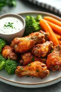 Close-up of air fryer chicken wings with a golden crispy texture on a clean white plate.