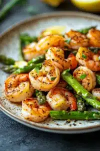 Close-up of air fryer shrimp and asparagus with bright natural lighting