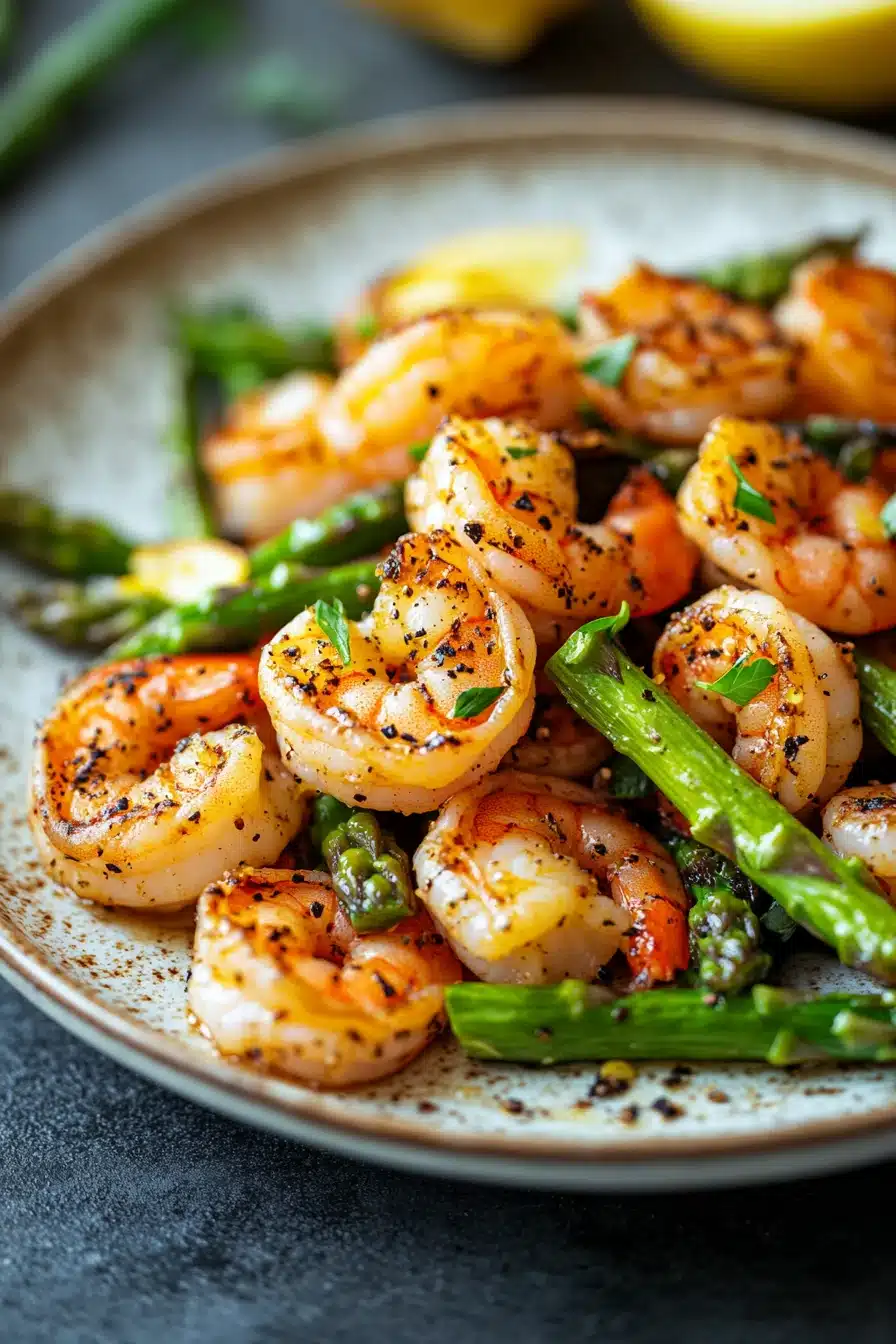 Close-up of air fryer shrimp and asparagus with bright natural lighting