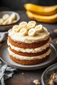 Close-up of a banana cake layered with creamy frosting, showcasing its texture and layers.