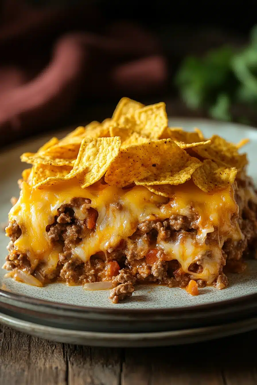 Close-up of a beef casserole with ground beef and fritos, topped with melted cheese and herbs.