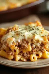 Close-up of a cheesy pasta bake with golden crust, perfect for a freezer meal.