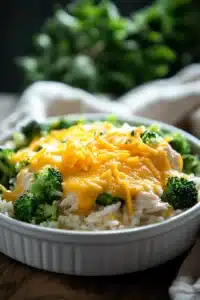 Close-up of chicken rice broccoli casserole with melted Velveeta cheese