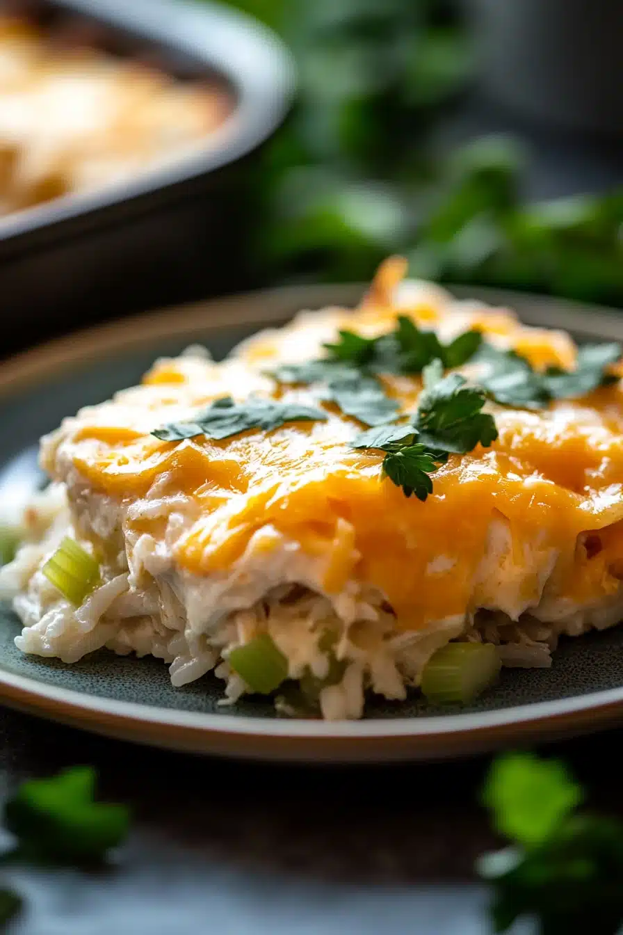 Close-up of chicken rice casserole with creamy sauce and chicken pieces