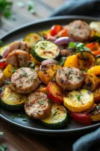 Close-up of chicken sausage and zucchini on a sheet pan with bright lighting