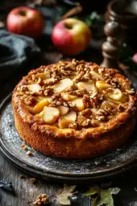 Close-up of a freshly baked apple cake with a golden crust and visible apple slices.