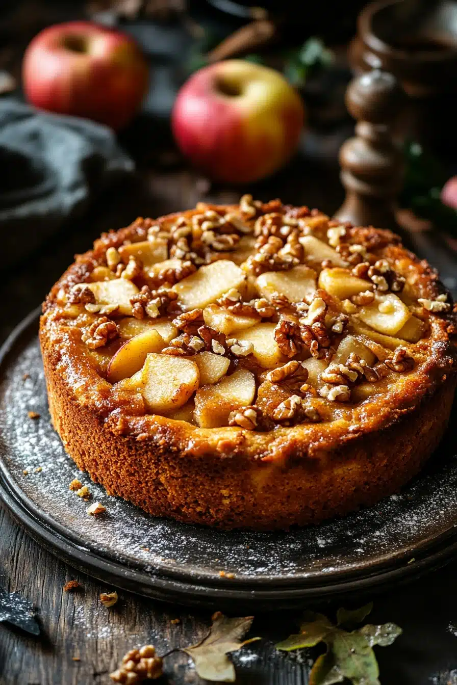 Close-up of a freshly baked apple cake with a golden crust and visible apple slices.