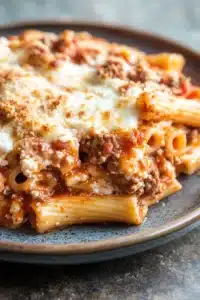 Close-up of a creamy ziti casserole with melted cheese and sauce