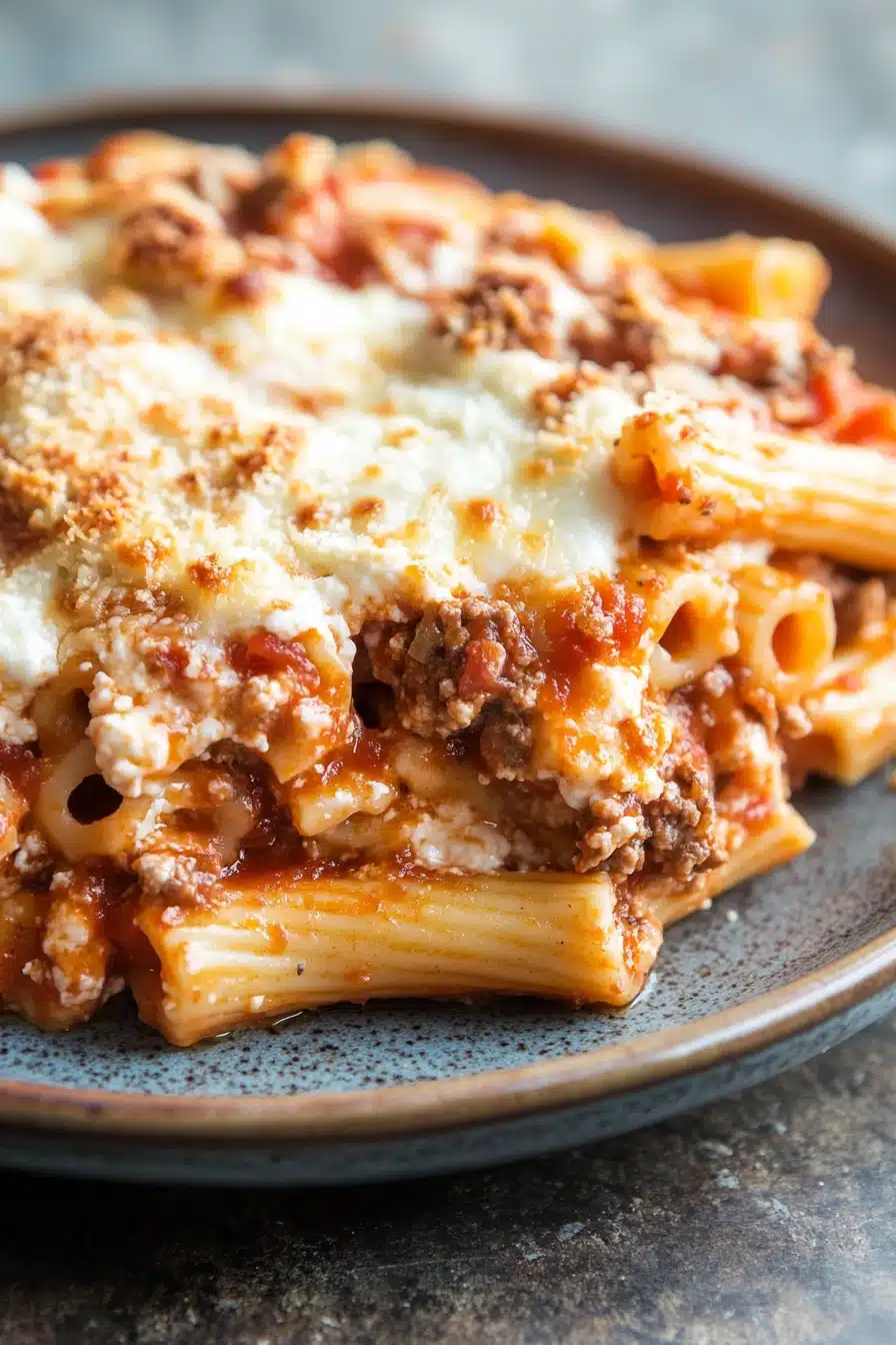 Close-up of a creamy ziti casserole with melted cheese and sauce