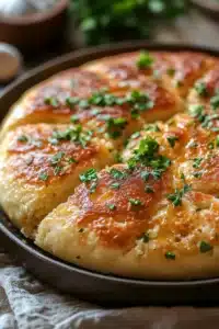 Close-up of garlic butter keto skillet bread with a golden crust in a skillet.