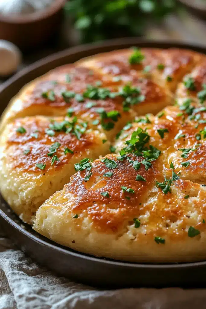 Close-up of garlic butter keto skillet bread with a golden crust in a skillet.