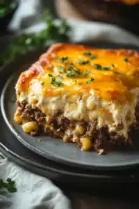 Close-up of a ground beef casserole with cream cheese, topped with herbs and baked to perfection.