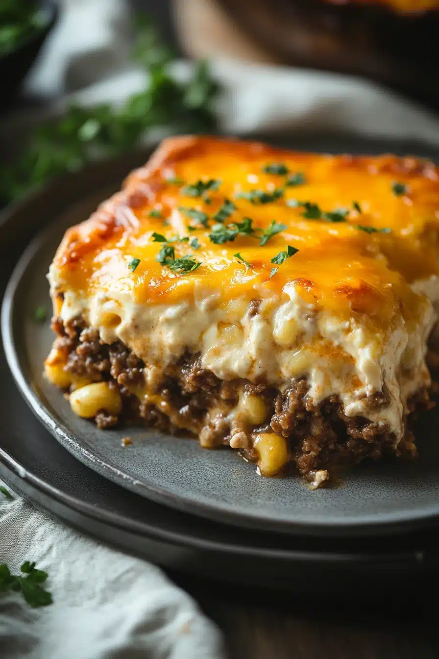Close-up of a ground beef casserole with cream cheese, topped with herbs and baked to perfection.