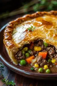 Close-up of a golden crust beef pot pie with a clean background, highlighting its hearty and appetizing appearance.