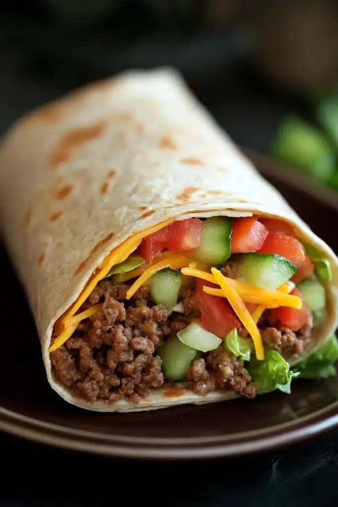 Close-up of a high protein beef wrap with fresh ingredients and a clean background