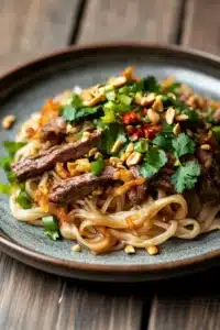 Close-up of crispy spicy beef noodles with vibrant colors and appetizing textures.