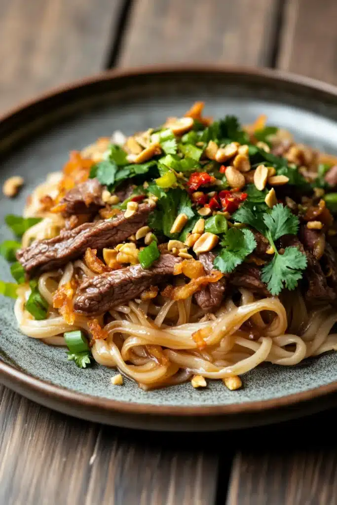 Close-up of crispy spicy beef noodles with vibrant colors and appetizing textures.