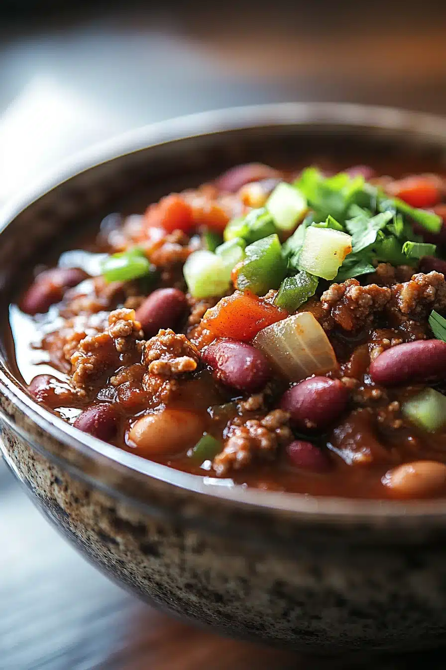 Close-up of a hearty slow cooker chili with beans and spices in a bowl.