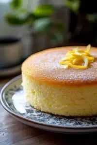 Close-up of a lemon cake with Japanese ingredients, showcasing a bright and appetizing presentation.