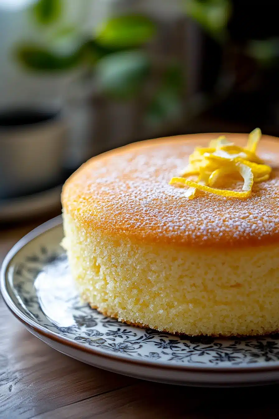 Close-up of a lemon cake with Japanese ingredients, showcasing a bright and appetizing presentation.