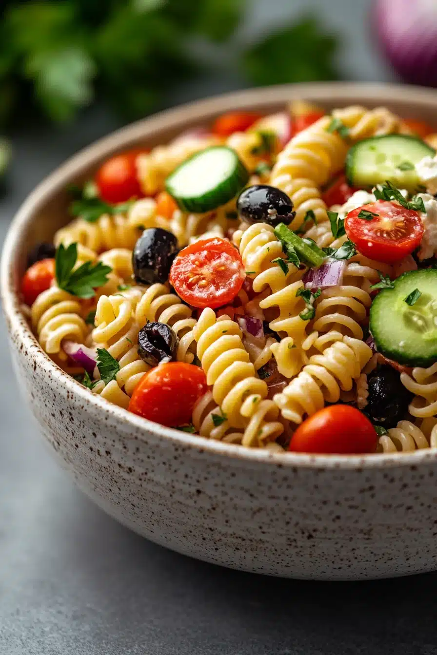 Close-up of a make ahead cold pasta salad with colorful vegetables and herbs