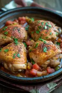 Close-up of a creamy one pot chicken Italian dish with herbs and sauce.