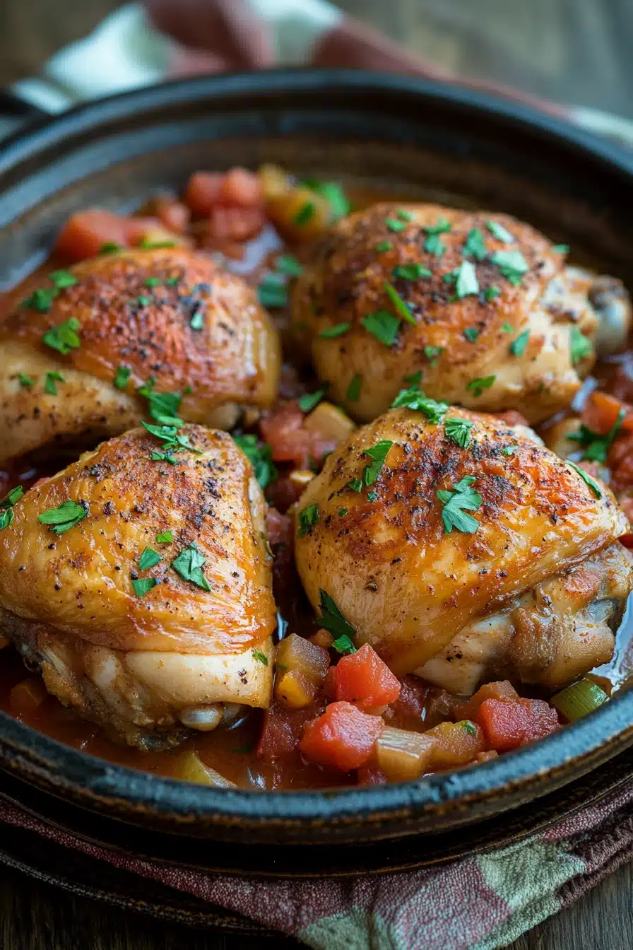 Close-up of a creamy one pot chicken Italian dish with herbs and sauce.