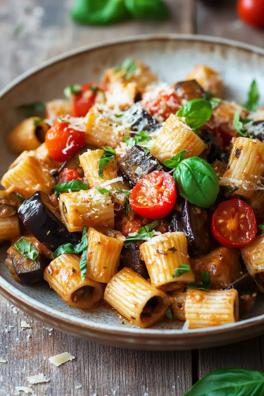Close-up of one pot pasta with creamy sauce and aubergine, garnished with herbs.