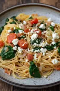 Close-up of one pot pasta with feta and spinach, garnished with herbs.