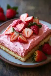 Close-up of a sheet cake topped with fresh strawberries and cream.