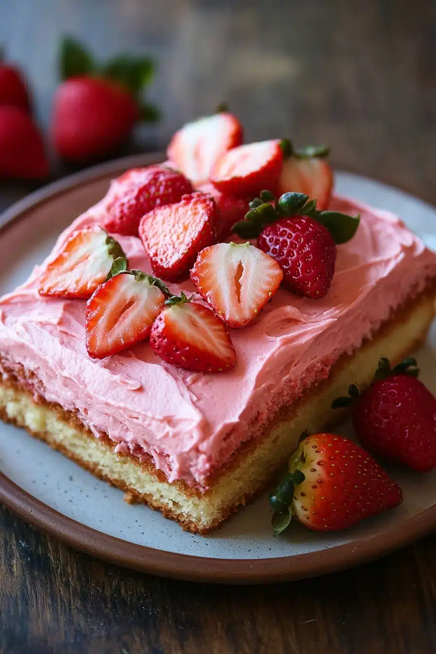 Close-up of a sheet cake topped with fresh strawberries and cream.