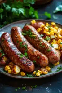Sheet pan sausage with corn and potatoes in a bright, appetizing close-up.
