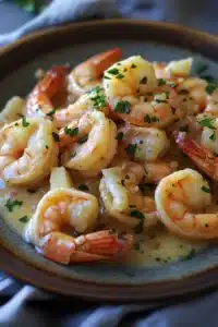 Close-up of skillet shrimp scampi with pasta and creamy sauce in a bright setting.