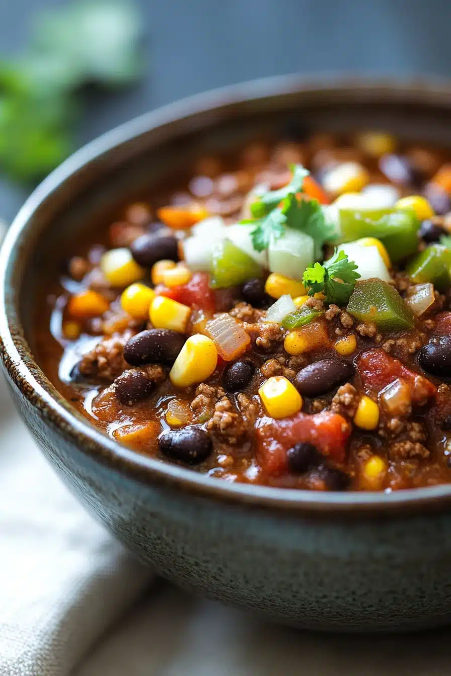 Close-up of slow cooker black bean taco chili with vibrant ingredients and garnishes.