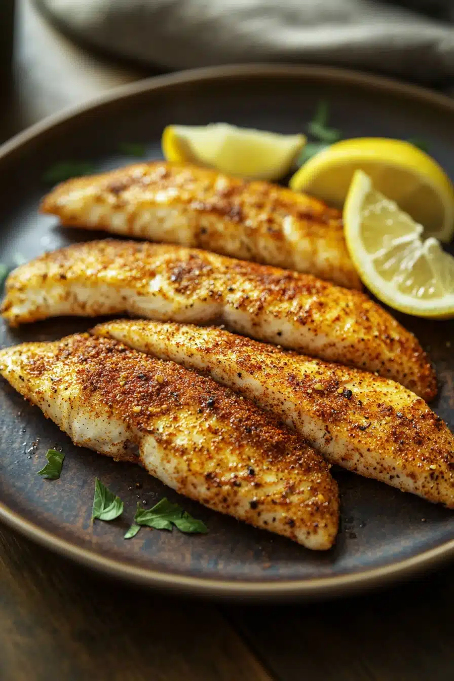Close-up of spicy tilapia cooked in an air fryer with a golden crispy texture.