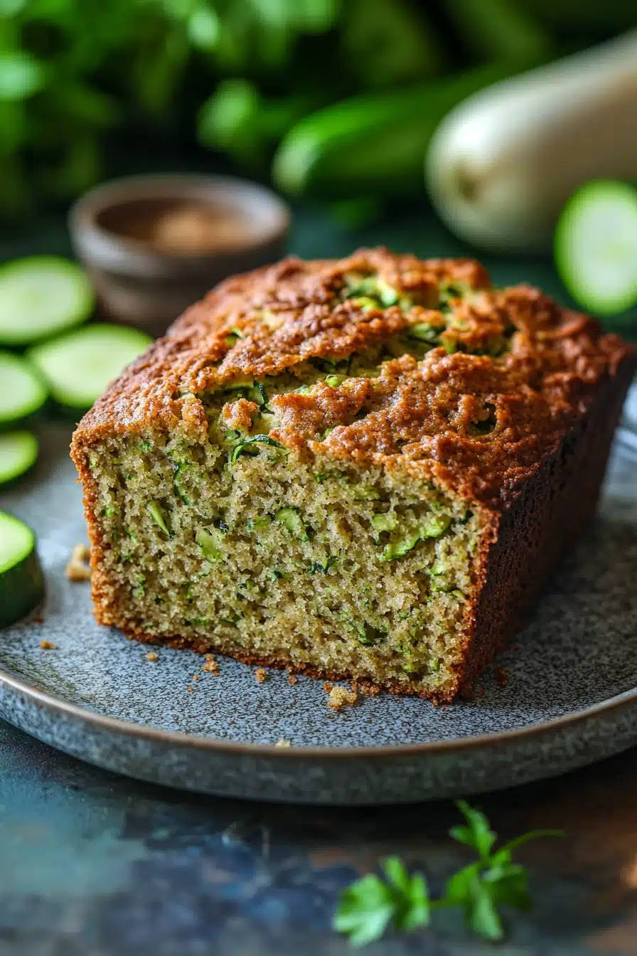 Close-up of vegan zucchini bread with a slice cut out, showcasing moist texture and zucchini pieces.
