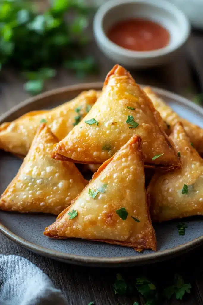 Close-up of crispy vegetable samosas cooked in an air fryer, showcasing golden-brown texture.