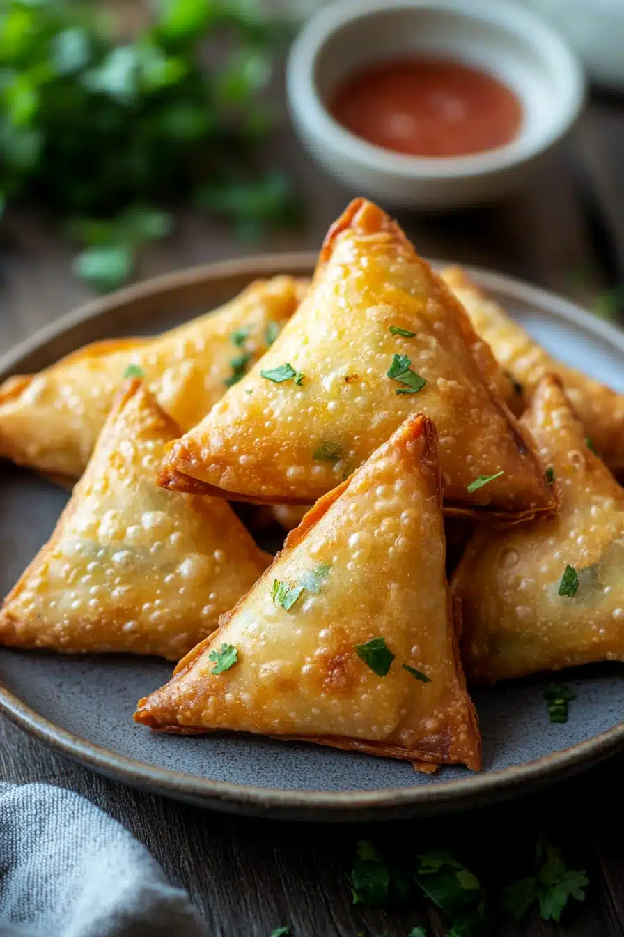Close-up of crispy vegetable samosas cooked in an air fryer, showcasing golden-brown texture.
